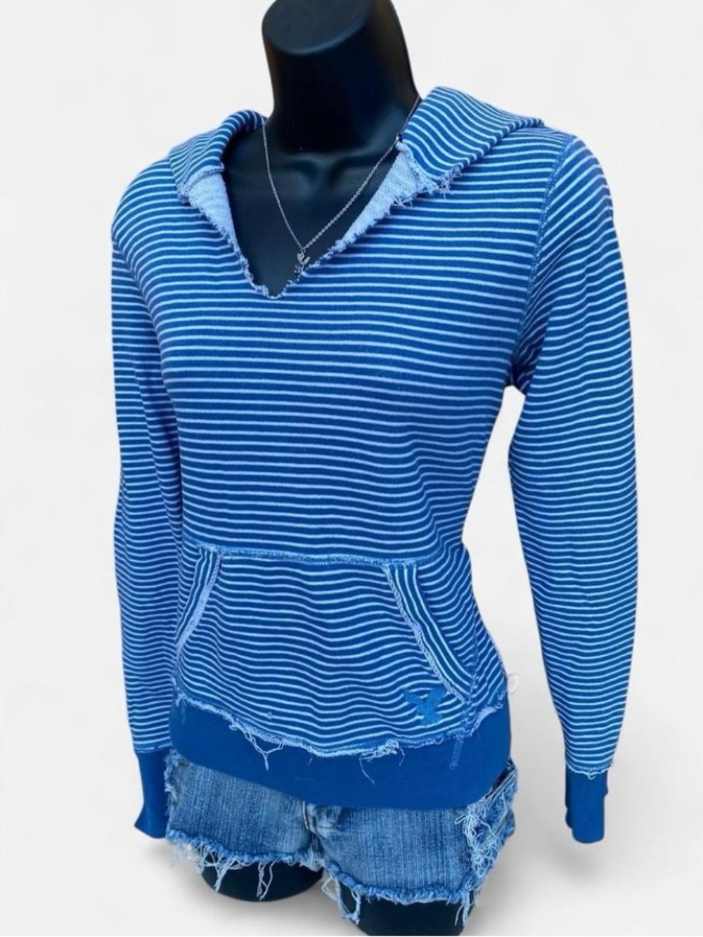 Y2k American Eagle Blue & White Striped Hoodie with Embroidered Bird Logo